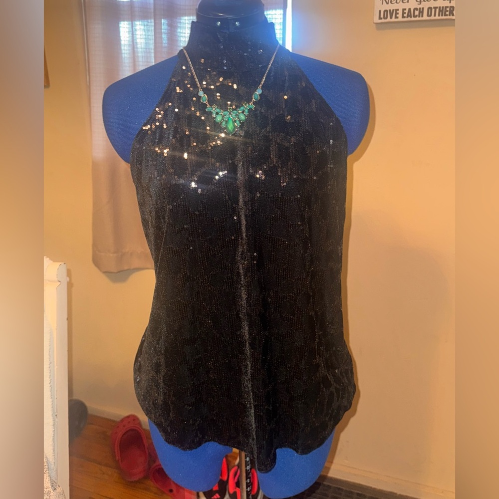 Worthington Black Sequin Halter Blouse